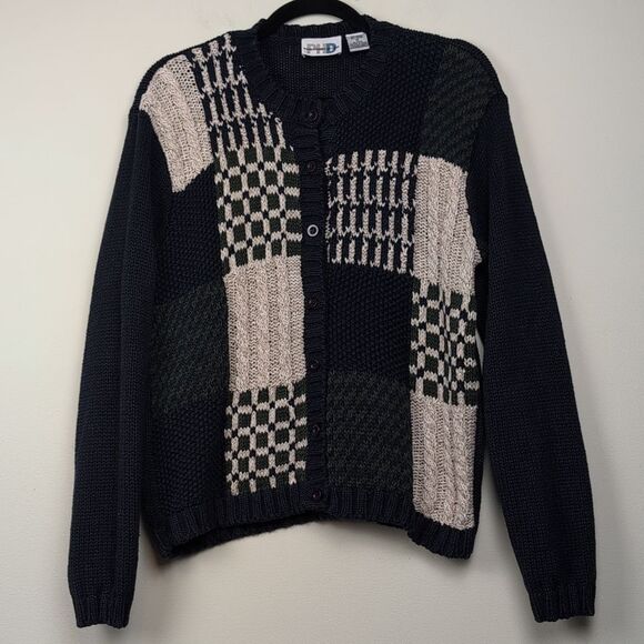 Vintage Paul Harris Design Patchwork Knit Cardigan Sweater Navy Size M - Picture 11 of 11
